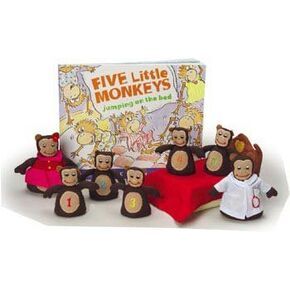 Constructive Playthings 8 pc. Storytelling Prop Set for "Monkeys Jumping On The Bed" Featuring 5 Monkeys, Mama, Doctor and 6" L. x 4" W. x 3 3/4" H. Soft Jumping Bed for with Softcover Book; Ages 3 +
