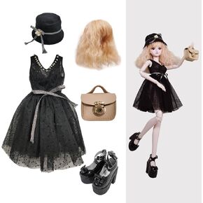 Proudoll 1/3 BJD Doll Clothes Outfit Set - فستان أسود أنيق مصنوع يدويًا ، قبعة ، شعر مستعار ، حقيبة جلدية وكعب مرتفع ، متوافق مع 1/3 60 سم 24in دمى SD