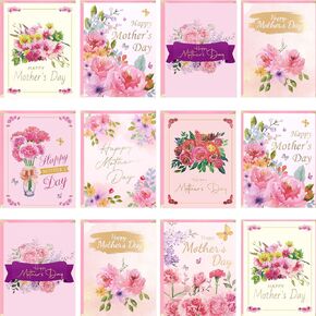 WorldBazaar Mothers Day Cards Bulk 24 Pack Glitter Floral Mothers Day Cards with Envelopes Gift for Mom Blank Inside