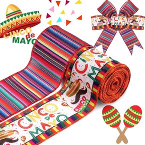 2 Rolls 12 Yards Boho Wired Edge Ribbons, 2.5 inch Mexican Fiesta Burlap Ribbon, Colorful Stripe Serape Gift Ribbon for Mexican Party DIY Craft Wreaths Bow Decoration