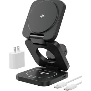 شاحن لاسلكي مغناطيسي KU XIU X40، محطة شحن 3 في 1 لأجهزة Apple، حامل شحن سريع قابل للطي بقدرة 15 وات لأجهزة iPhone وApple Watch وAirpods وساعة هاتف Android Samsung التي تدعم Qi