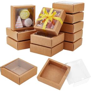 Benecreat 20pcs 3.3 × 3.3 × 1.3 بوصات صناديق ورقية بنية مربعة مع نافذة واضحة PVC ، وورق لصالح الصناديق لصالح الزفاف ، وهدية المهرجان ، والشوكولاتة ، والبسكويت ، والحرف الصغيرة