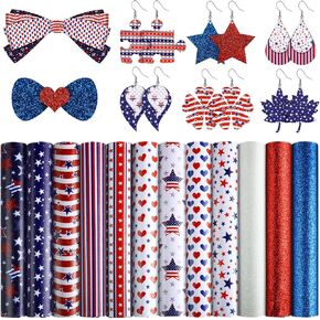 12 Pieces Independence Day Theme Faux Leather Sheets Printed Synthetic Leather Sheet Glitter Faux Leather Fabric with Canvas Back for Making Earrings, Independence Day DIY Crafts, 16 x 21 cm/ 6.3 x 8.