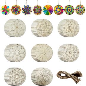 40pcs DIY ماندالا غير المكتملة اللوحة الخشبية الخشبية رقائق خشبية تلوين للأطفال الهدايا غير المكتملة الحلي الخشبية المعلقة للمنزل المدرسي والحفلات