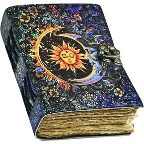 Sun & Moon Vintage Leather Journal for Men & Women 200 Pages of Antique Handmade Deckle Edge Vintage Paper, Leather Sketchbook, Drawing Journal, Printed leather Journal, Great Gift