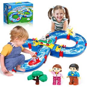 Fanco Water Forder للأطفال الصغار - لعبة مسار ووتر كيدز 54pcs DIY Table Beach Toy على الفناء الخلفي ، العشب ، البلياردو - لعبة المياه مع 4 قوارب ، متعة النشاط الصيفية خارج النشاط للبنات الصغار