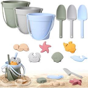 Hungdao 13 PCS Silicone Beach Toys Travel Beach Toys Slough Sand Defuls بما في ذلك 3 دلاء من السيليكون 3 مجارف 6 قوالب رملية Sea Creatur