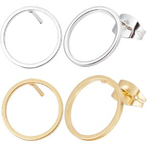 Beebeecraft 1 Box 20Pcs Circle Earring Posts 18K Gold & 925 Sterling Silver Plated Brass Stud Earring Posts Round Ring Earring Studs Geometry Stud for Women Gift