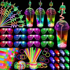 98 PCS Glow in the Dark Party Supplies Light Up Party Favors مع 12 كوبًا خفيفًا ، و 50 عصيًا من العصي ، و 12 أكوابًا LED ، و 12 مصابيح إصبع ، و 12 قشًا توهجًا لحفلات النيون للأطفال أو البالغين