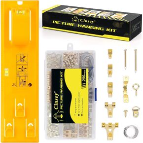 Picture Hanging Kit, Picture Frame Hanger Tool with Level Measuring Ruler,280 Pieces Wall Picture Hangers Photo Frame Hooks Accessories(Yellow Hanging Tool)