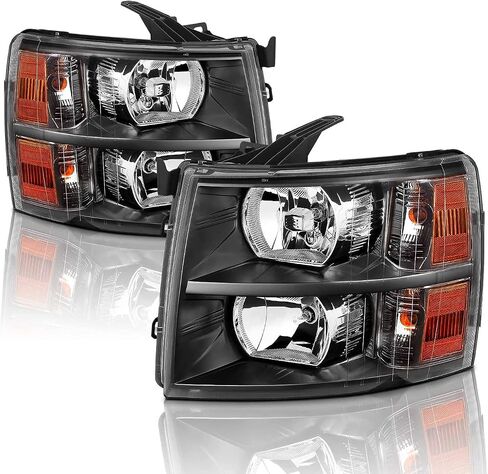 Headlights Assembly W/Bulbs compatible with 2007-2013 Chevy Silverado 1500,07-14 Silverado 2500HD 3500 Headlights Headlamp Pair, Black Housing Amber Side in Saudi Arabia