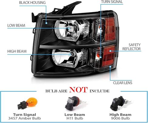 Headlights Assembly W/Bulbs compatible with 2007-2013 Chevy Silverado 1500,07-14 Silverado 2500HD 3500 Headlights Headlamp Pair, Black Housing Amber Side in Saudi Arabia