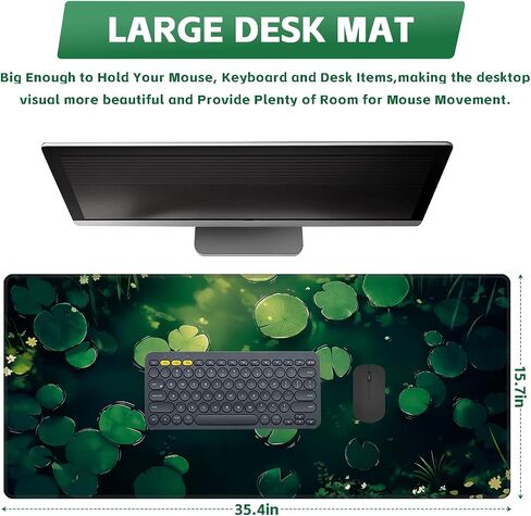 Baziabbo Green Big Desk Mat,XXL Extended Large Mouse Pad,Gaming Mousepad with Stitched Edge,Non-Slip Rubber Base Keyboard Desk Pad for Home Office Study Game，Girls and Women(Pond Lotus Leaf) in Saudi Arabia