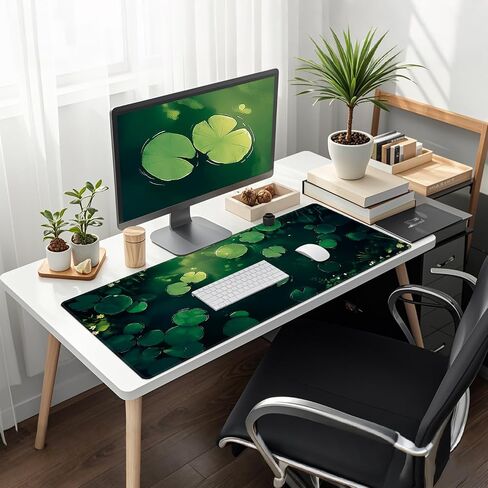 Baziabbo Green Big Desk Mat,XXL Extended Large Mouse Pad,Gaming Mousepad with Stitched Edge,Non-Slip Rubber Base Keyboard Desk Pad for Home Office Study Game，Girls and Women(Pond Lotus Leaf) in Saudi Arabia