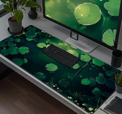 Baziabbo Green Big Desk Mat,XXL Extended Large Mouse Pad,Gaming Mousepad with Stitched Edge,Non-Slip Rubber Base Keyboard Desk Pad for Home Office Study Game，Girls and Women(Pond Lotus Leaf) in Saudi Arabia