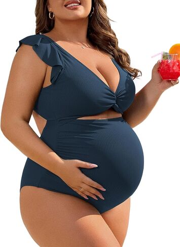 Charmo Ruffle Ribbed Maternity Swimsuit One Piece High Waisted Pregnancy Bathing Suits Push Up Swimwear in Saudi Arabia