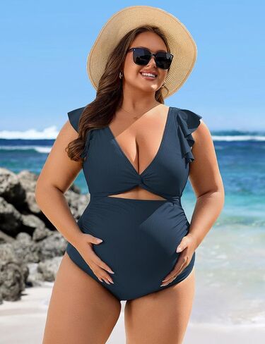 Charmo Ruffle Ribbed Maternity Swimsuit One Piece High Waisted Pregnancy Bathing Suits Push Up Swimwear in Saudi Arabia