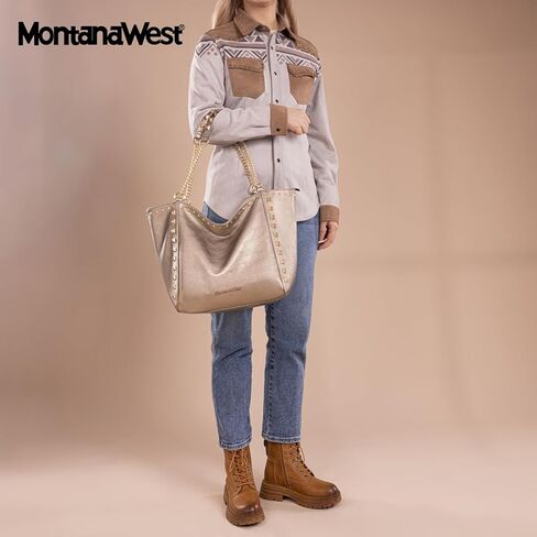 Montana West Hobo Bags for Women Top-handle Tote Bag with Chain Handle and Rivets Decoration in Kuwait