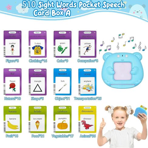 Toddler Toys Flash Cards Spanish - 224 Sight Words Pocket Speech Therapy Toys - Bilingual Talking Flash Cards - Autism Sensory Toys for Autistic Children - Learning Montessori Tool Blue in Saudi Arabia