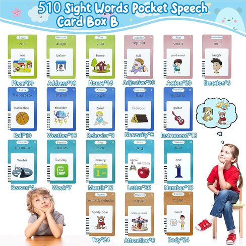 Toddler Toys Flash Cards Spanish - 224 Sight Words Pocket Speech Therapy Toys - Bilingual Talking Flash Cards - Autism Sensory Toys for Autistic Children - Learning Montessori Tool Blue in Saudi Arabia