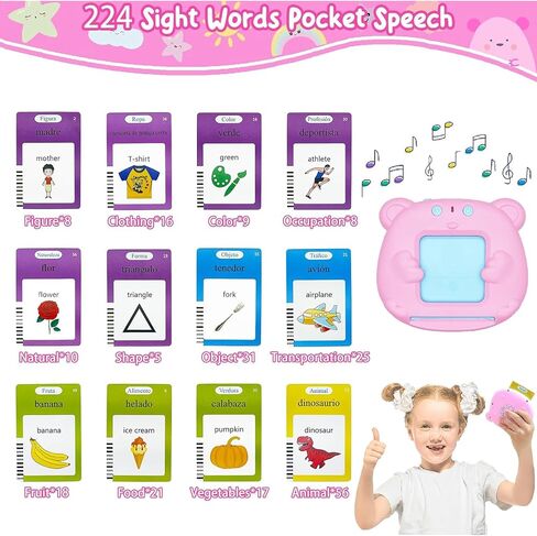 Toddler Toys Flash Cards Spanish - 224 Sight Words Pocket Speech Therapy Toys - Bilingual Talking Flash Cards - Autism Sensory Toys for Autistic Children - Learning Montessori Tool Blue in Saudi Arabia