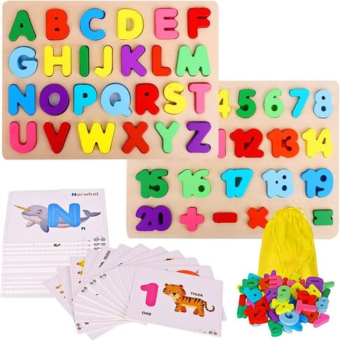 Wooden Alphabet Puzzle & Number Puzzle and Flash Cards Set - Includes Box, Lacing Beads and Threads in Saudi Arabia