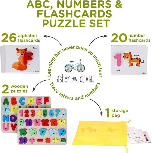 Wooden Alphabet Puzzle & Number Puzzle and Flash Cards Set - Includes Box, Lacing Beads and Threads in Saudi Arabia