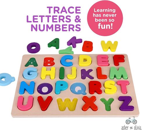 Wooden Alphabet Puzzle & Number Puzzle and Flash Cards Set - Includes Box, Lacing Beads and Threads in Saudi Arabia