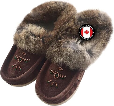 Laurentian Chief Moccasin Slippers for Women – Ladies Durable Slippers with Real Rabbit Fur Trim and Thick Fleece Lining – Canada Quality Beaded Style Warmie Shoes for Indoor & Outdoor Use in Kuwait