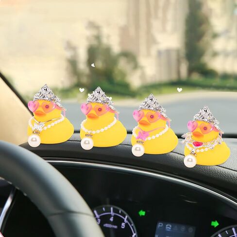 wonuu Car Decorations Rubber Ducks, Dashboard Crown Rubber Ducky for Car Ornament Cute Duck with Crown, Glasses, Necklace, Silver Pearl in Saudi Arabia