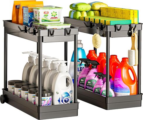2 Pack Under Sink Organizer, 2 Tier Bathroom Cabinet Organizers and Storage with Hook, Multi-purpose Storage Basket Shelf for Kitchen, Black in Saudi Arabia