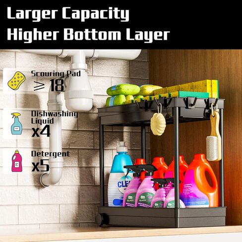 2 Pack Under Sink Organizer, 2 Tier Bathroom Cabinet Organizers and Storage with Hook, Multi-purpose Storage Basket Shelf for Kitchen, Black in Saudi Arabia