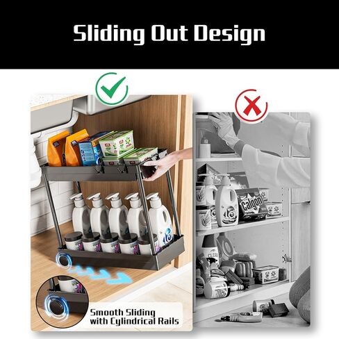 2 Pack Under Sink Organizer, 2 Tier Bathroom Cabinet Organizers and Storage with Hook, Multi-purpose Storage Basket Shelf for Kitchen, Black in Saudi Arabia