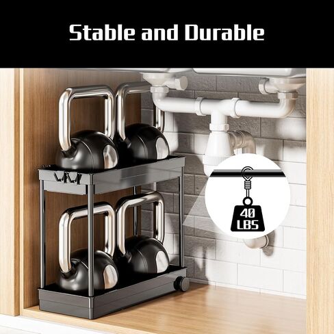 2 Pack Under Sink Organizer, 2 Tier Bathroom Cabinet Organizers and Storage with Hook, Multi-purpose Storage Basket Shelf for Kitchen, Black in Saudi Arabia