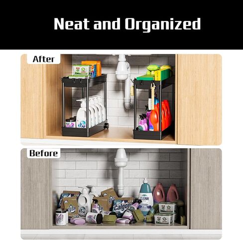 2 Pack Under Sink Organizer, 2 Tier Bathroom Cabinet Organizers and Storage with Hook, Multi-purpose Storage Basket Shelf for Kitchen, Black in Saudi Arabia