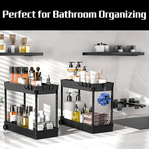 2 Pack Under Sink Organizer, 2 Tier Bathroom Cabinet Organizers and Storage with Hook, Multi-purpose Storage Basket Shelf for Kitchen, Black in Saudi Arabia