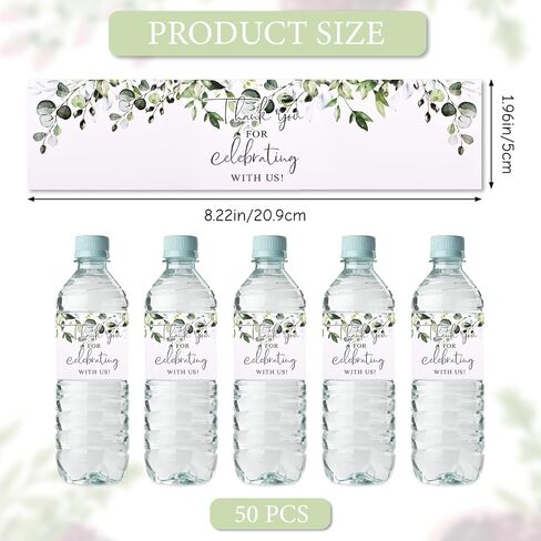 Wedding Water Bottle Labels Thank You, 50 Pcs Greenery Plant Water Bottle Wraps Sticker Water Bottle Labels for Birthday Baby Shower in Kuwait