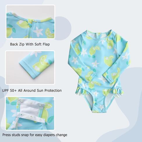 Aisyee Baby Girls One Piece Swimsuits Long Sleeve Rash Guard Swimshirts in Kuwait