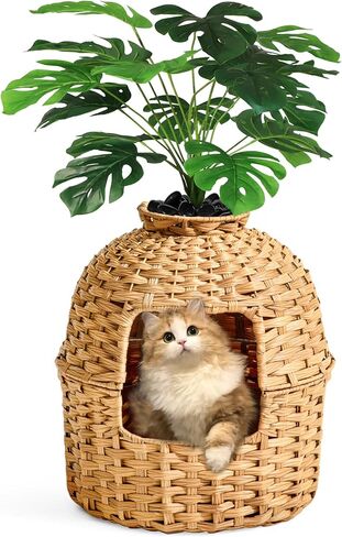 Cat Litter Box Plant Furniture Enclosure, Hidden Handwoven Rattan with Cat Litter Box and Artificial Plants, Odor Control Filter, Real Stones in Living Room, Bedroom, Corner Natural in Saudi Arabia