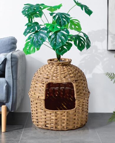 Cat Litter Box Plant Furniture Enclosure, Hidden Handwoven Rattan with Cat Litter Box and Artificial Plants, Odor Control Filter, Real Stones in Living Room, Bedroom, Corner Natural in Saudi Arabia