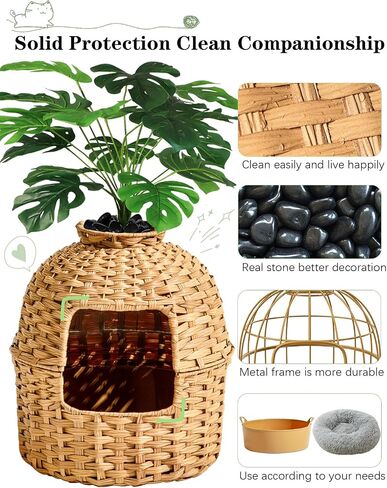 Cat Litter Box Plant Furniture Enclosure, Hidden Handwoven Rattan with Cat Litter Box and Artificial Plants, Odor Control Filter, Real Stones in Living Room, Bedroom, Corner Natural in Saudi Arabia