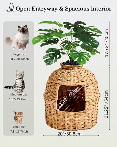 Cat Litter Box Plant Furniture Enclosure, Hidden Handwoven Rattan with Cat Litter Box and Artificial Plants, Odor Control Filter, Real Stones in Living Room, Bedroom, Corner Natural in Saudi Arabia