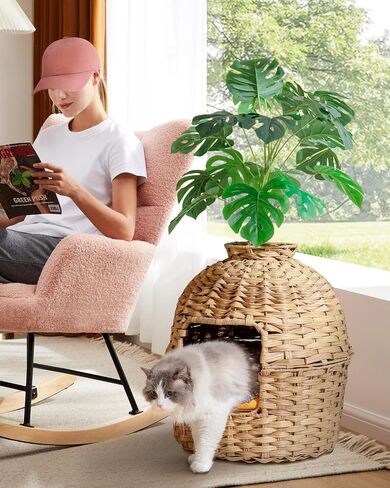 Cat Litter Box Plant Furniture Enclosure, Hidden Handwoven Rattan with Cat Litter Box and Artificial Plants, Odor Control Filter, Real Stones in Living Room, Bedroom, Corner Natural in Saudi Arabia