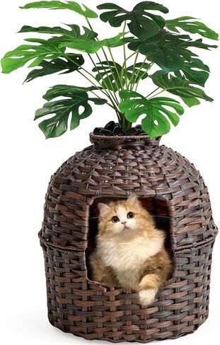 Cat Litter Box Plant Furniture Enclosure, Hidden Handwoven Rattan with Cat Litter Box and Artificial Plants, Odor Control Filter, Real Stones in Living Room, Bedroom, Corner Natural in Saudi Arabia