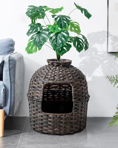 Cat Litter Box Plant Furniture Enclosure, Hidden Handwoven Rattan with Cat Litter Box and Artificial Plants, Odor Control Filter, Real Stones in Living Room, Bedroom, Corner Natural in Saudi Arabia