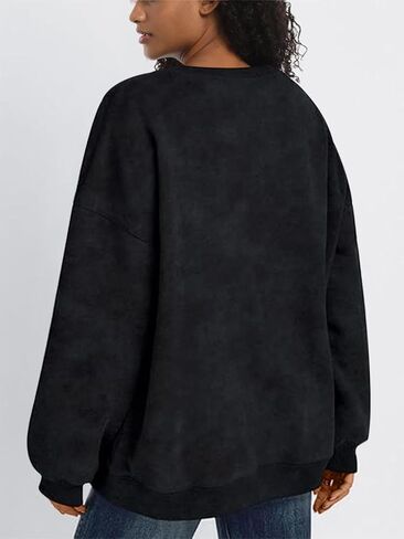 سويت شيرت نسائي كبير الحجم بياقة دائرية من القطن بلوفر مغسول بالحمض بلون سادة وأكمام طويلة in Kuwait