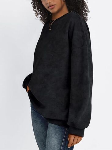 سويت شيرت نسائي كبير الحجم بياقة دائرية من القطن بلوفر مغسول بالحمض بلون سادة وأكمام طويلة in Kuwait