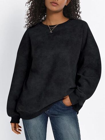 سويت شيرت نسائي كبير الحجم بياقة دائرية من القطن بلوفر مغسول بالحمض بلون سادة وأكمام طويلة in Kuwait