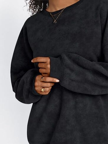 سويت شيرت نسائي كبير الحجم بياقة دائرية من القطن بلوفر مغسول بالحمض بلون سادة وأكمام طويلة in Kuwait