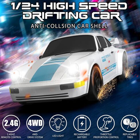 سيارة التحكم عن بعد ، 1/24 مقياس RC Drift Car ، 4WD 15km/H سيارات RC عالية السرعة ، سيارة رياضة سباق مع أضواء LED ، إطارات السباق ، عيد ميلاد للأطفال الفتيات ، بطارية قابلة لإعادة الشحن in Saudi Arabia